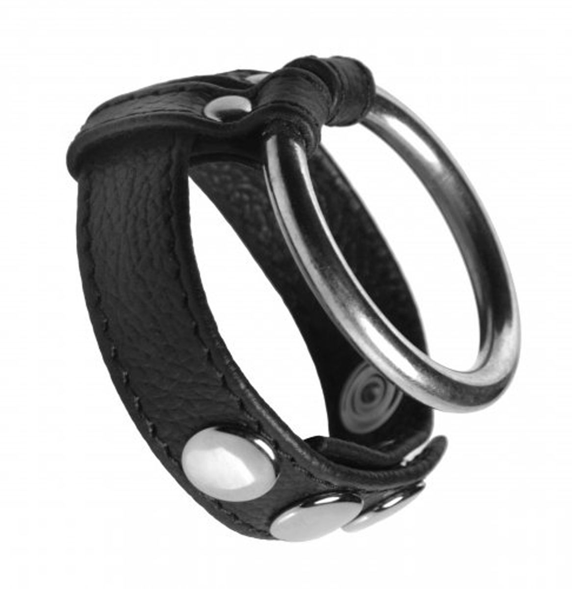 XR Brands leather and steel cock and ball ring with metal ring