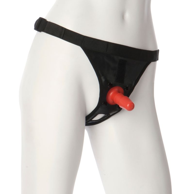 Black Vac-U-Lock ultra harness with red plug on mannequin