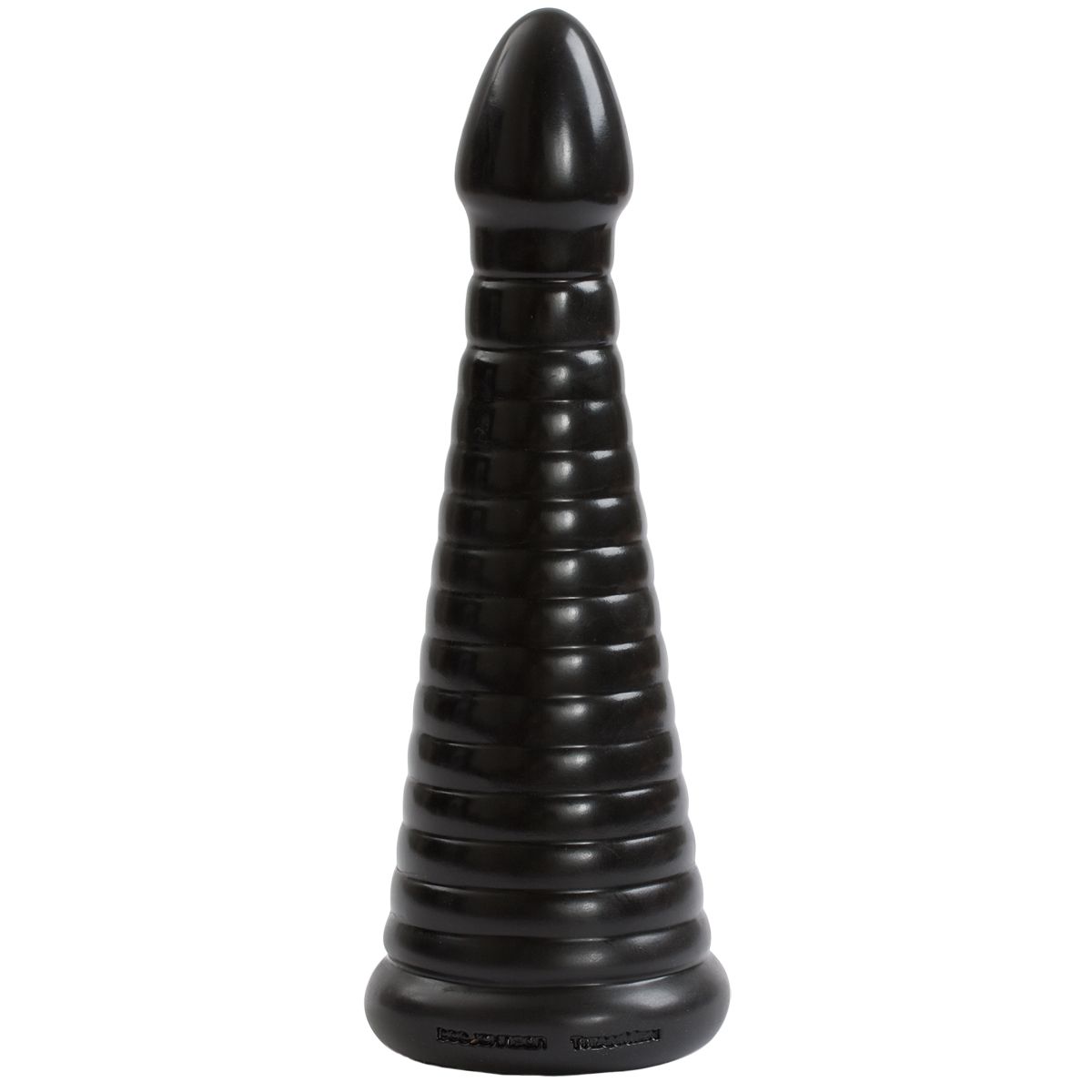 Black Intimidator dildo with tapered shape and ribbed texture