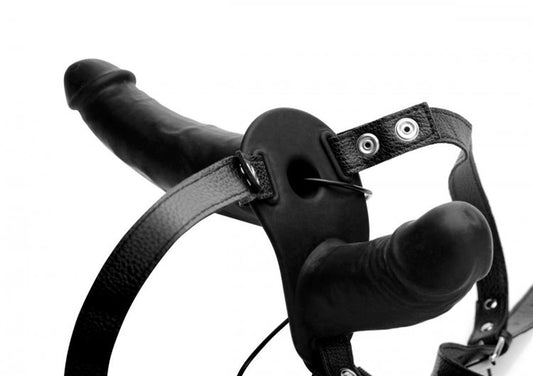 Black Power Pegger double strap-on vibrator harness with attached toy