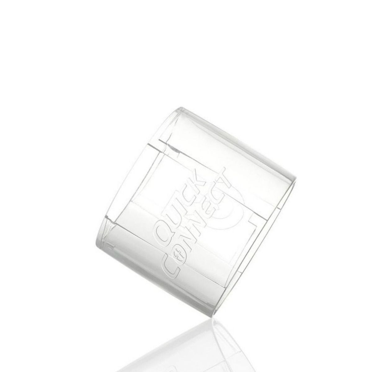 Clear Fleshlight Quickshot connector shown upright on white background