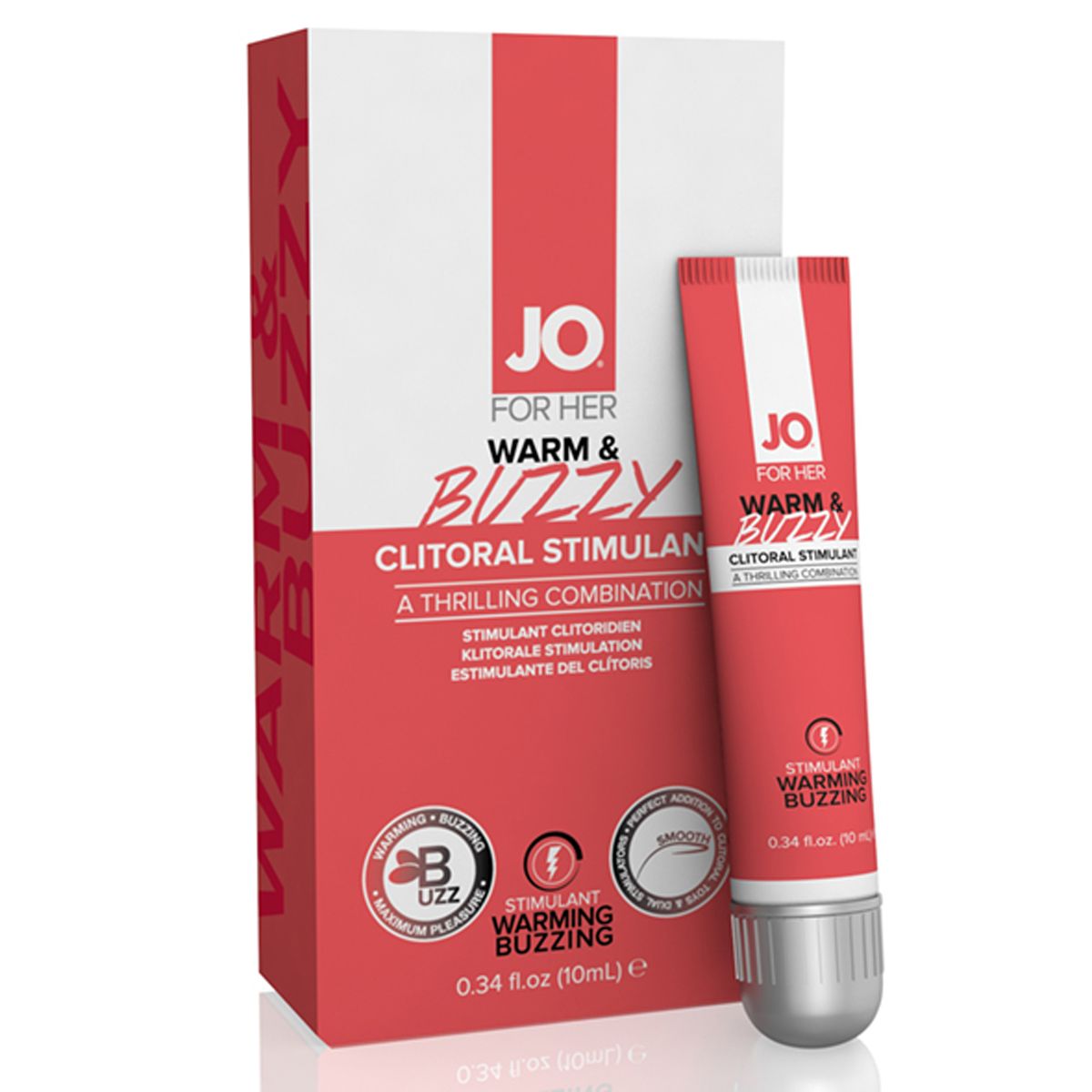JO Warm & Buzzy clitoral stimulant in pink tube and box packaging