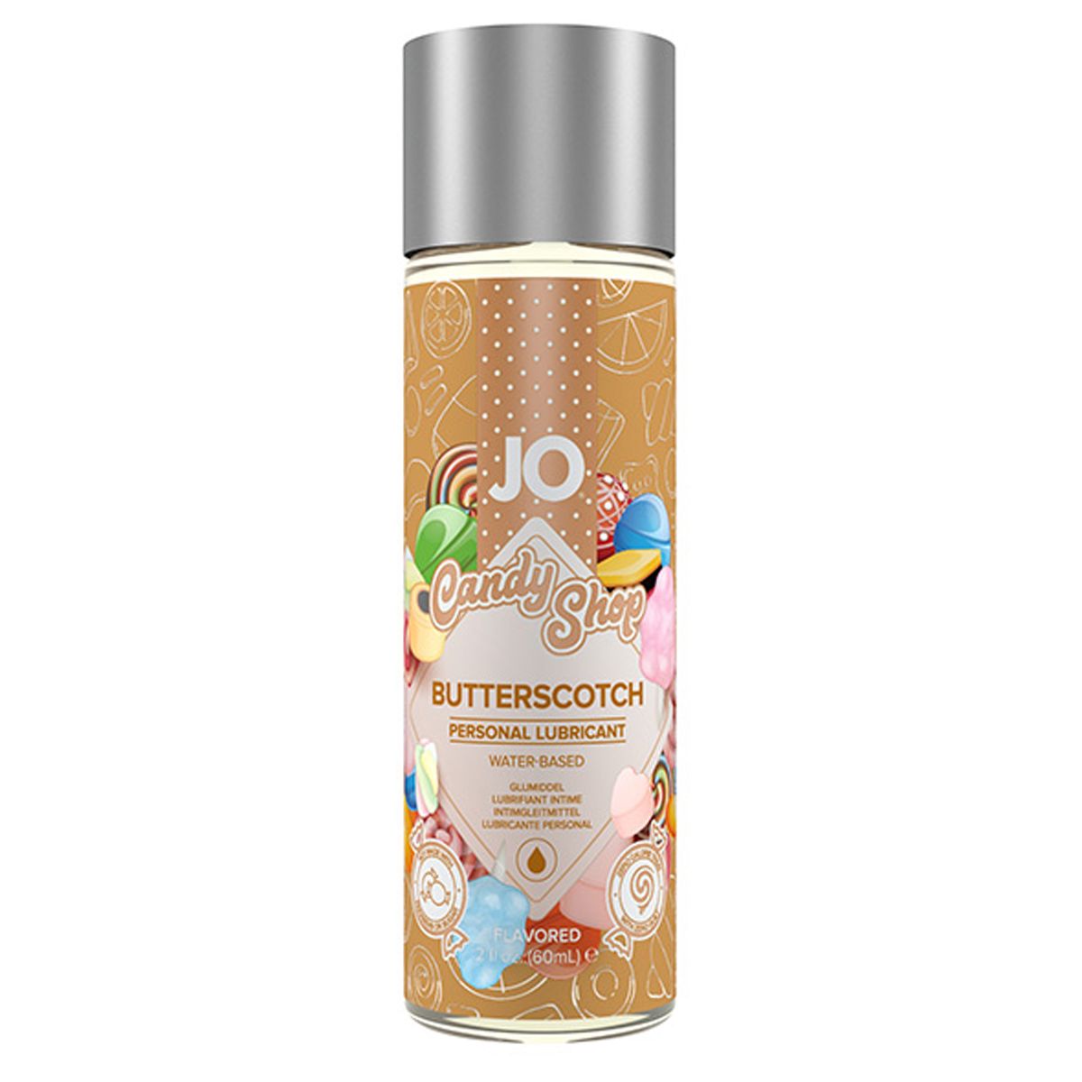 JO Candy Shop butterscotch lubricant in clear bottle with orange label