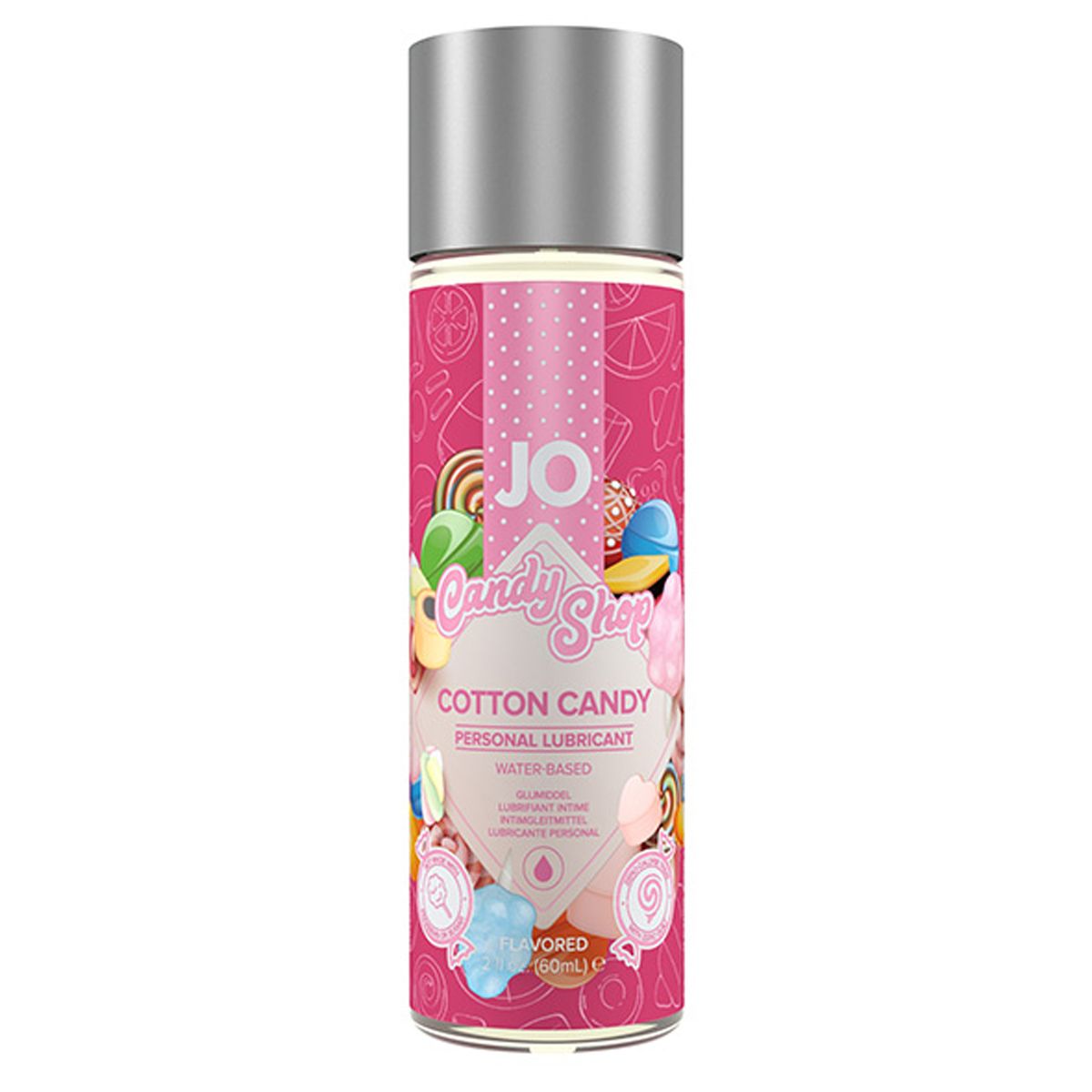 JO Candy Shop cotton candy lubricant in clear bottle with pink label