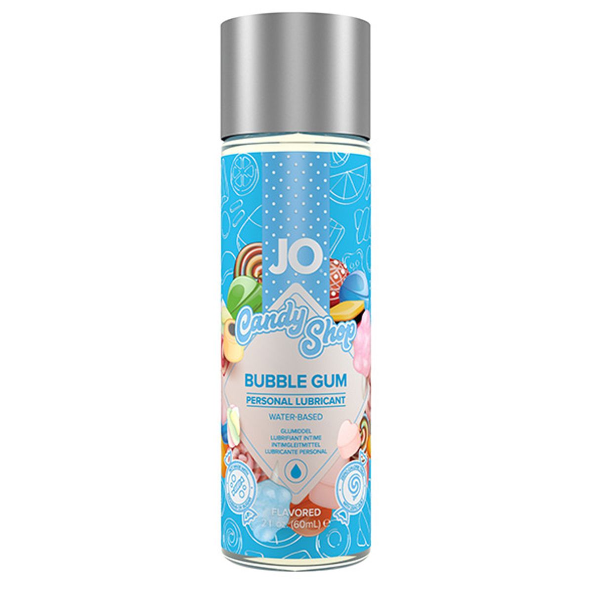 JO Candy Shop bubblegum lubricant in clear bottle with blue label