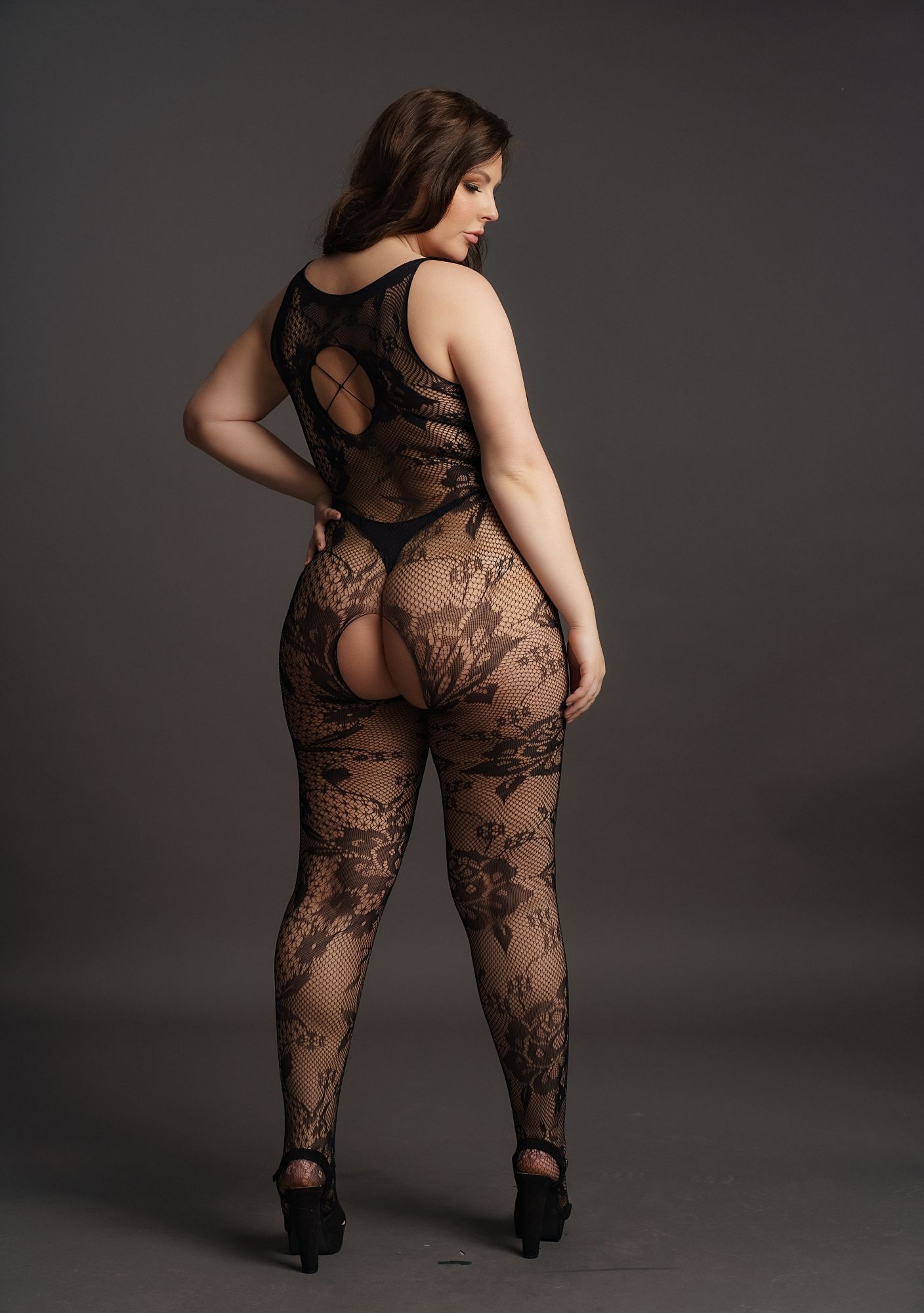 Curvy Catsuit in lace look black