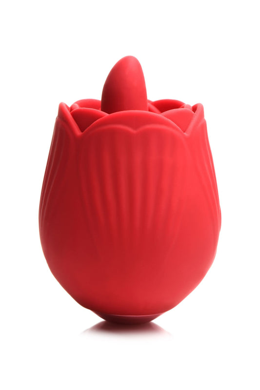 XR Brands BLOOMGASM French Rose Licking & Vibrating Stimulator Red lubricant bottle