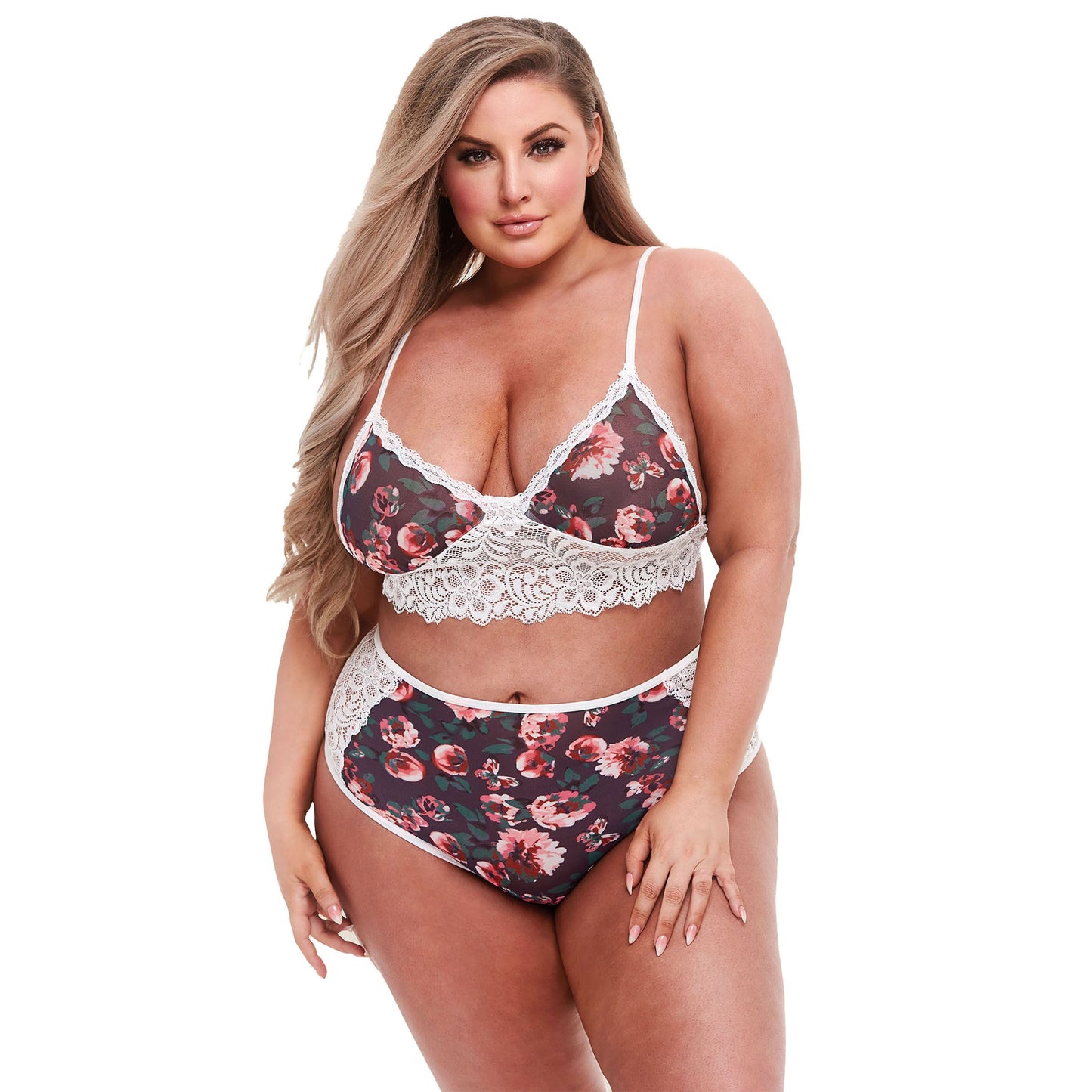 Baci Lingerie Grey Floral & Lace Bra Set White Label Queen Size lingerie