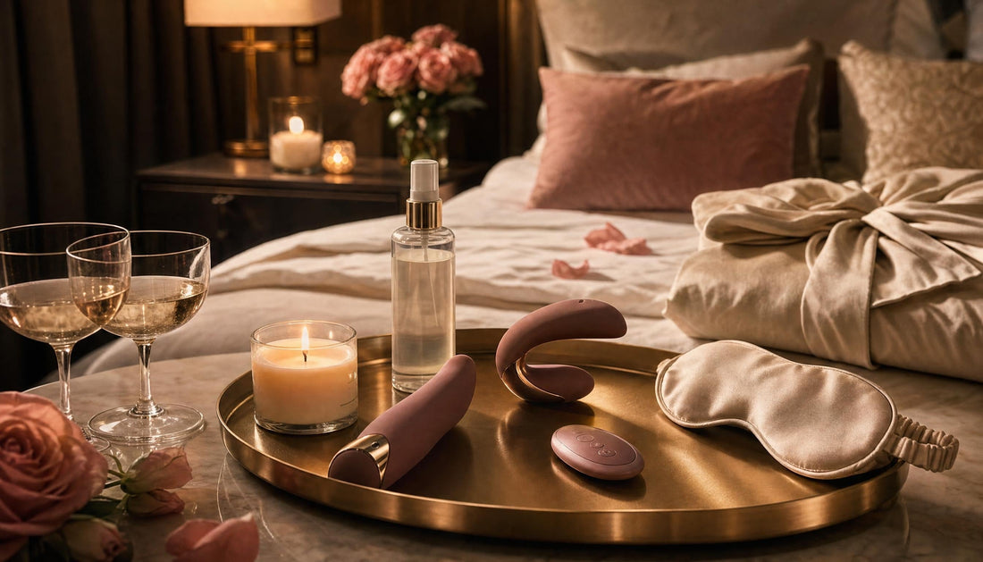 Elegant date-night scene with remote-controlled toy, couples toy, lubricant, massage candle, satin blindfold and champagne glasses.