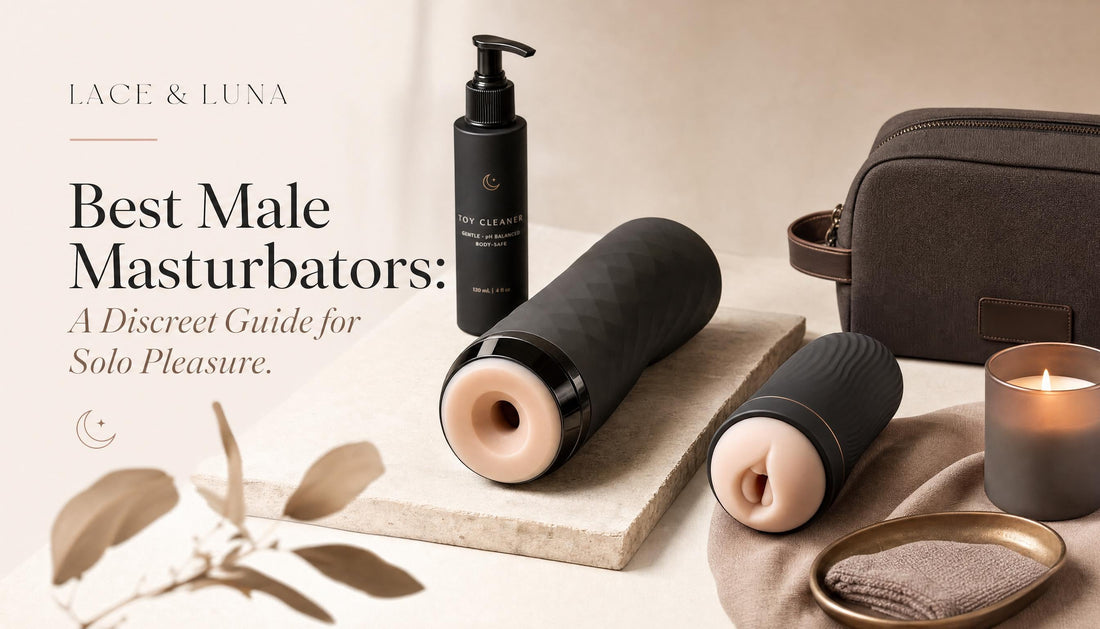 Luxury flat-lay of male masturbators, water-based lubricant, toy cleaner, folded towel and storage pouch for a discreet solo pleasure guide.