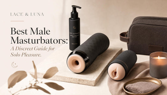 Luxury flat-lay of male masturbators, water-based lubricant, toy cleaner, folded towel and storage pouch for a discreet solo pleasure guide.