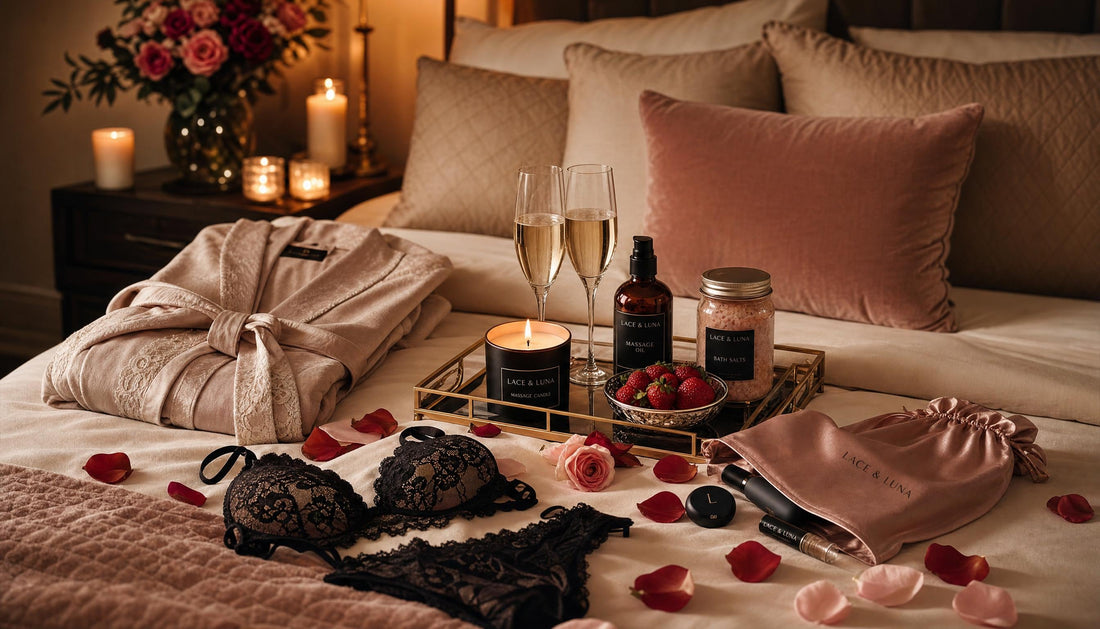 Luxury bedroom date-night scene with candles, champagne glasses, lace lingerie, massage oil, rose petals and romantic home essentials.