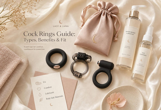 Luxury flat-lay of cock rings, water-based lubricant, toy cleaner, satin pouch and towel for a cock rings guide.