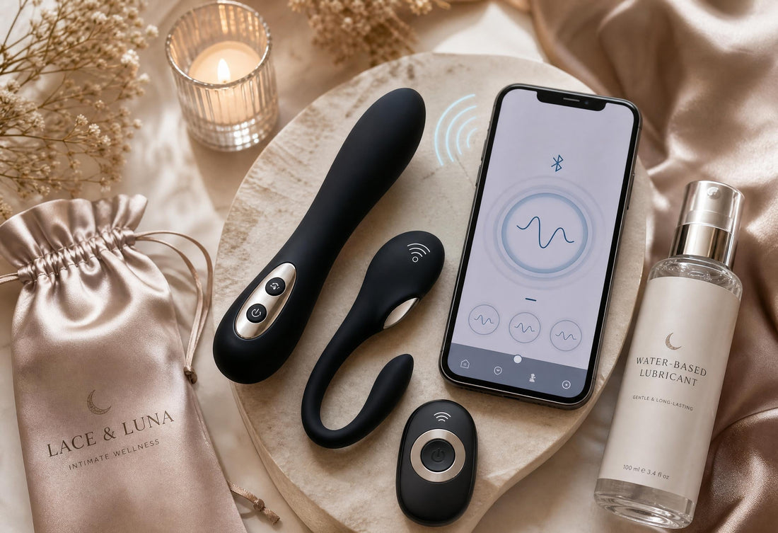 App-controlled intimate wellness products arranged with a smartphone, lubricant and satin pouch in a luxury flat-lay for a long-distance play guide.