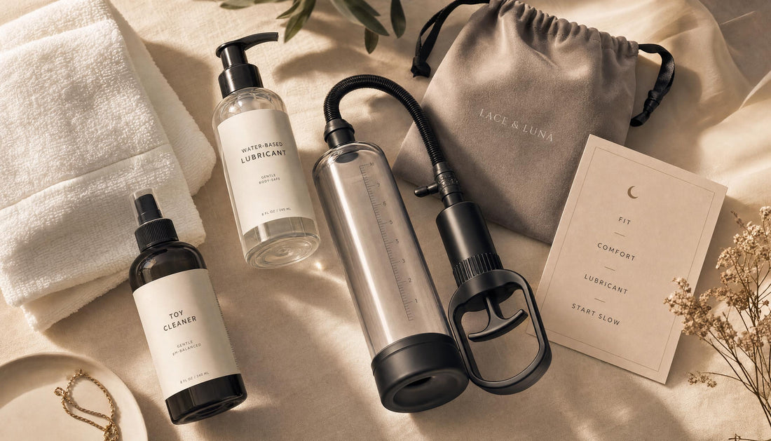 Luxury flat-lay of penis pump, water-based lubricant, toy cleaner, towel, storage pouch and note card for a penis pump guide.