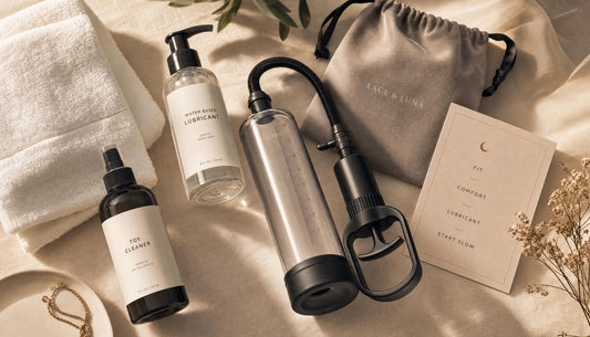 Luxury flat-lay of penis pump, water-based lubricant, toy cleaner, towel, storage pouch and note card for a penis pump guide.