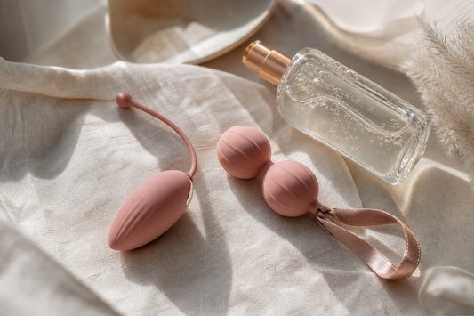 Rose pink love egg and weighted jiggle balls on ivory linen — love eggs and jiggle balls guide from Lace & Luna