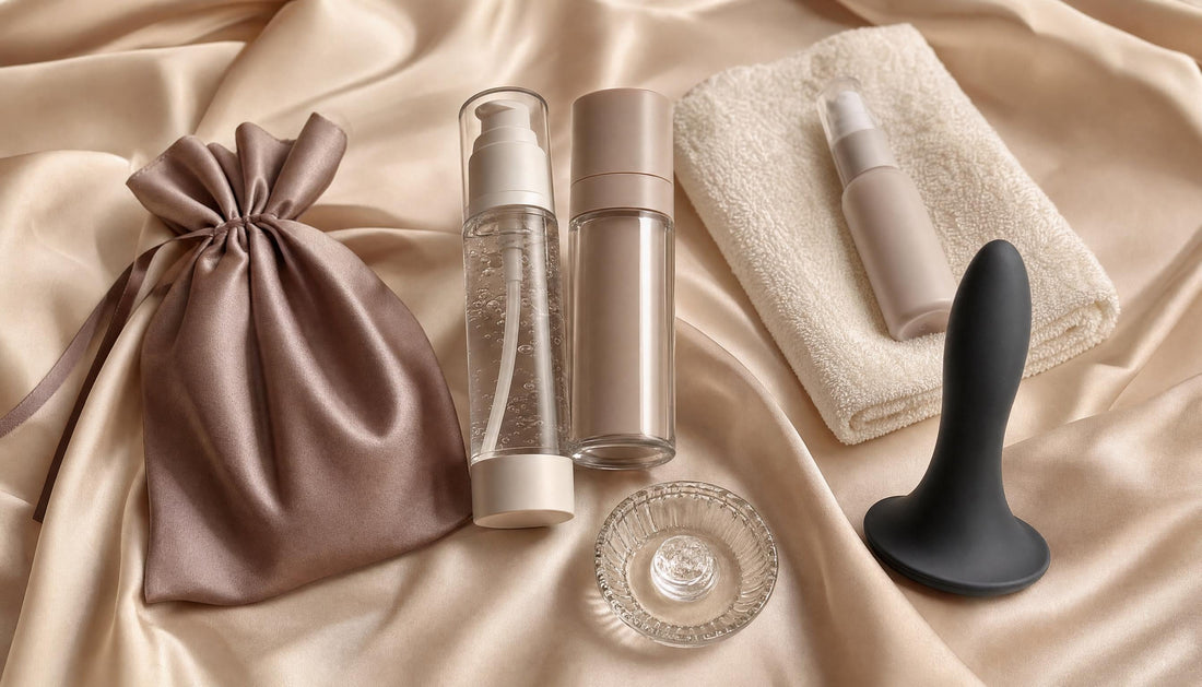 Thick anal lubricant arranged with body-safe anal toy, toy cleaner, towel and satin pouch in a luxury intimate wellness flat-lay.