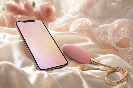 Smartphone and rose pink app-controlled vibrating egg on ivory silk, from the Lace & Luna long-distance couples guide