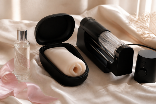 Manual stroker and automatic stroking machine on ivory linen with lubricant — Lace & Luna comparison guide