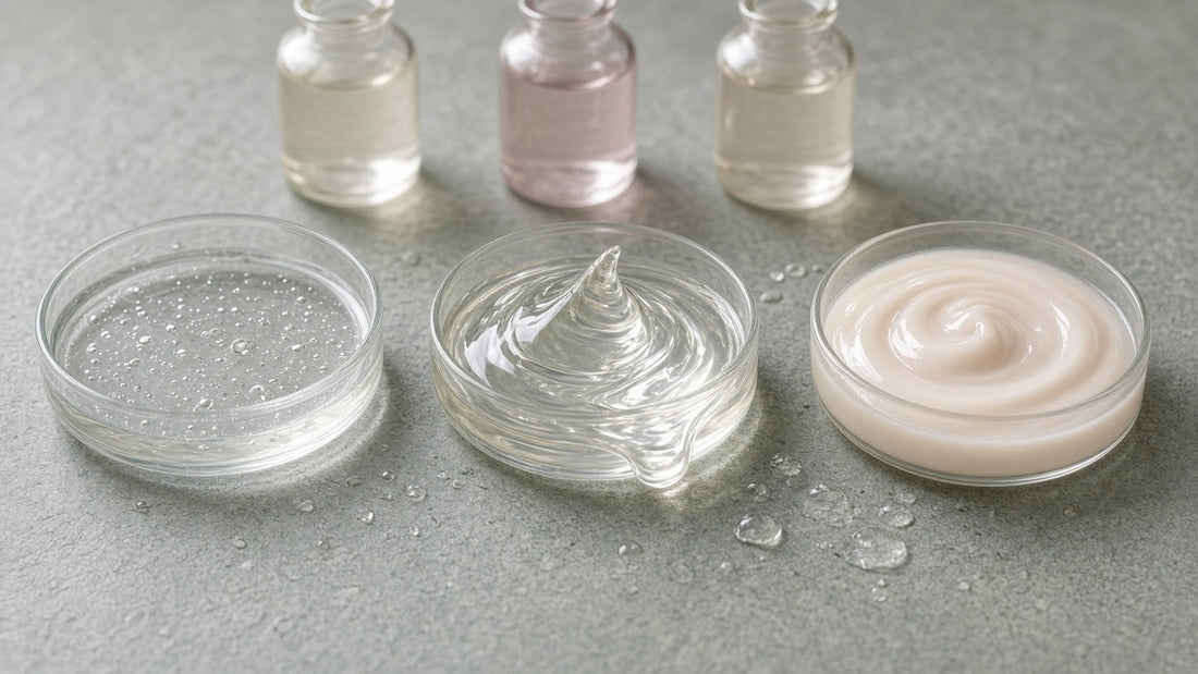 Water-based, silicone and hybrid lubricants in glass dishes on slate, showing the difference in thickness between lube types