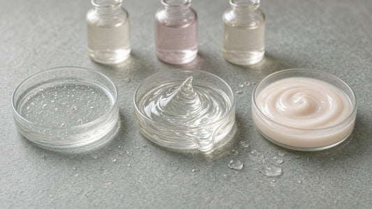 Water-based, silicone and hybrid lubricants in glass dishes on slate, showing the difference in thickness between lube types