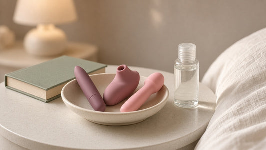 Three beginner-friendly vibrators in a ceramic dish on a bedside table, including a bullet and a clitoral suction vibrator