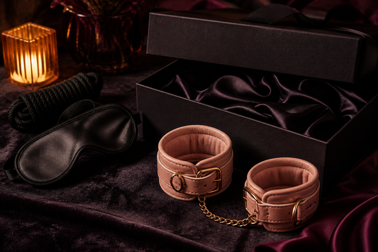 Moody still life of a couples bondage kit with blush padded cuffs, black satin blindfold and dark gift box on charcoal velvet — Lace & Luna.