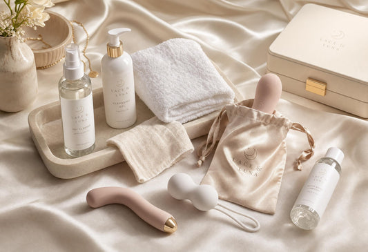 Luxury flat-lay of toy cleaner, towel, satin pouch, lubricant and body-safe intimate products for a sex toy cleaning and storage guide