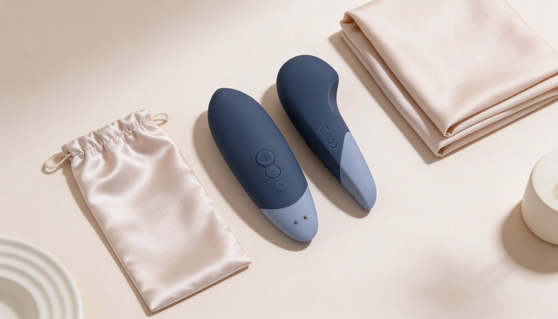 Discreet intimate wellness products arranged on a soft neutral background for a quiet luxury blog image