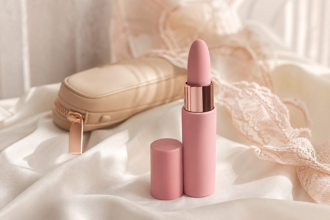 Rose pink lipstick-style discreet vibrator on ivory silk with travel pouch, from the Lace & Luna discreet vibrators guide