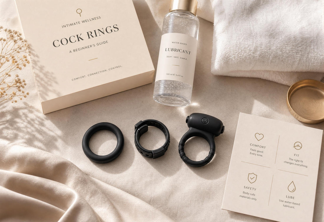 Cock rings, lubricant, condoms and toy care essentials arranged in a luxury flat-lay for a beginner-friendly intimate wellness guide.