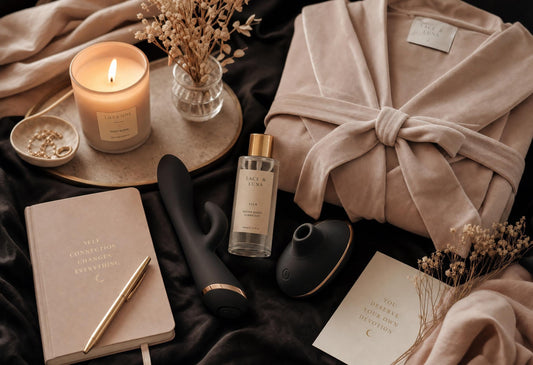 Luxury self-care flat-lay with body-safe vibrators, lubricant, satin pouch, towel and wellness accessories.