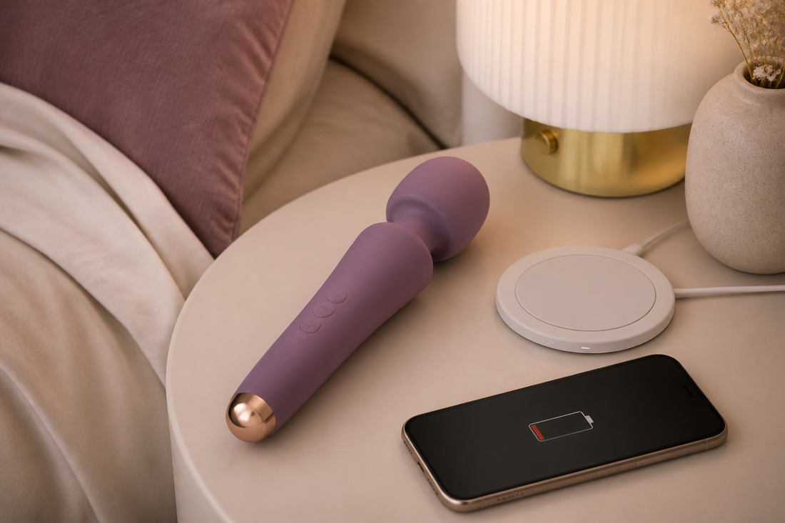 Rechargeable silicone wand vibrator on a cream bedside table beside a wireless charging pad and a smartphone showing a low battery indicator.