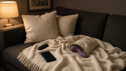 Handheld remote and smartphone beside a mauve couples vibrator on linen — remote vs app control guide from Lace & Luna