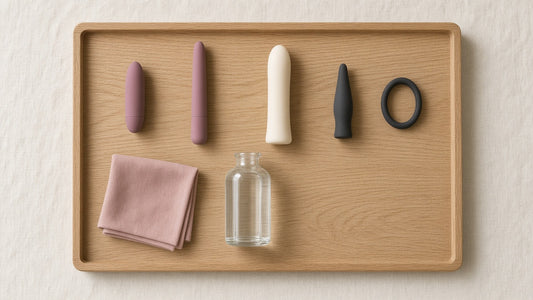 A bullet vibrator, wand, dildo, anal plug and cock ring laid out on an oak tray with lubricant, illustrating the main types of sex toys