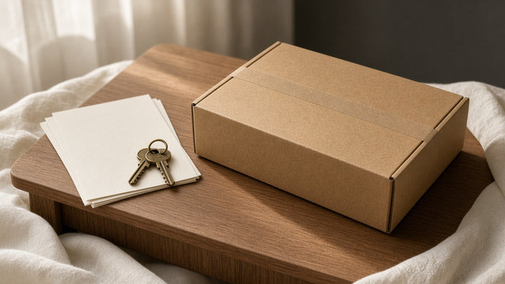 plain brown cardboard mailer with neutral tape on ivory   linen on a walnut side table. Small stack of unmarked envelopes and muted   brass keys beside it.