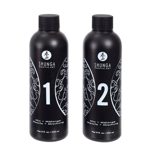 Shunga strawberry and champagne massage gel set with two black bottles