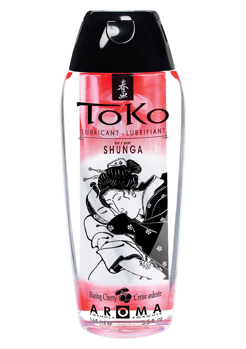 Shunga Toko Cherry lubricant in clear bottle with red label detail
