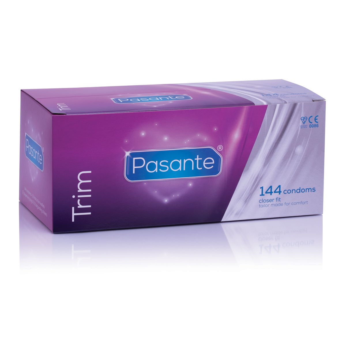 Pasante Trim condoms 144 pack in purple bulk box