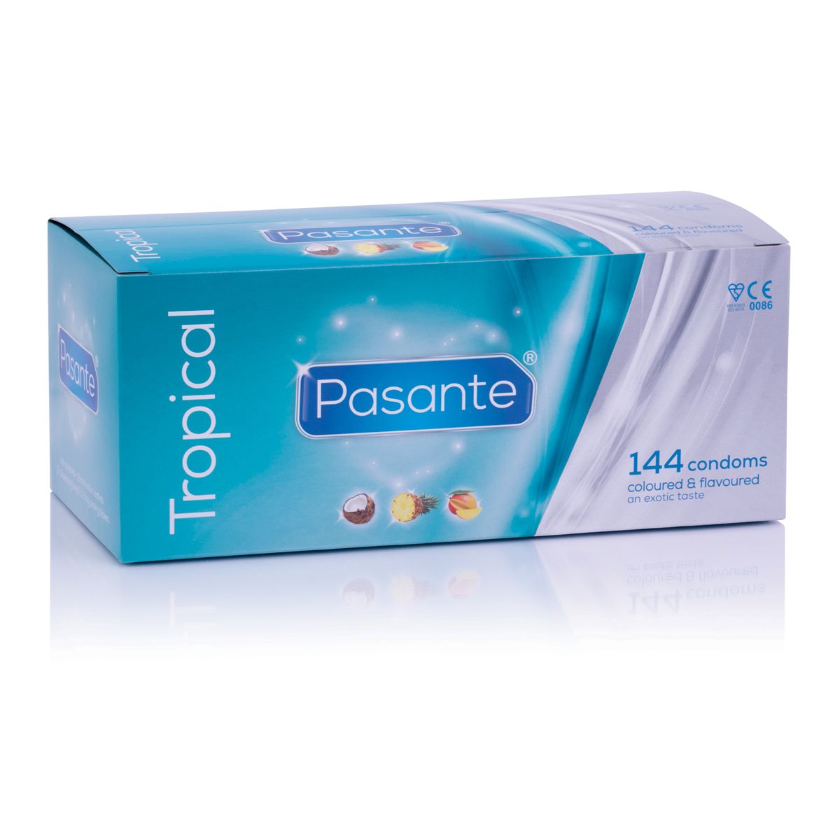 Pasante Tropical condoms 144 pack in blue bulk box