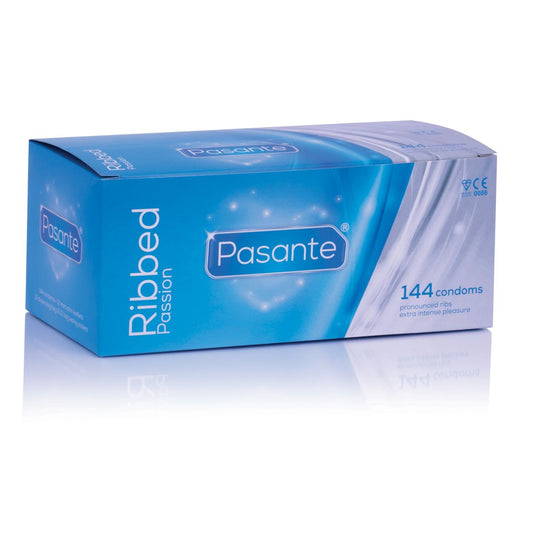 Pasante Ribbed condoms 144 pack in blue bulk box