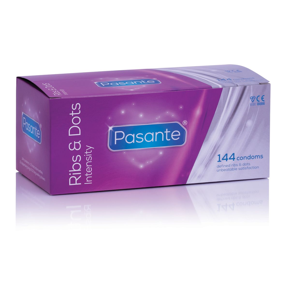 Pasante Ribs and Dots Intensity condoms 144 pack in purple bulk box