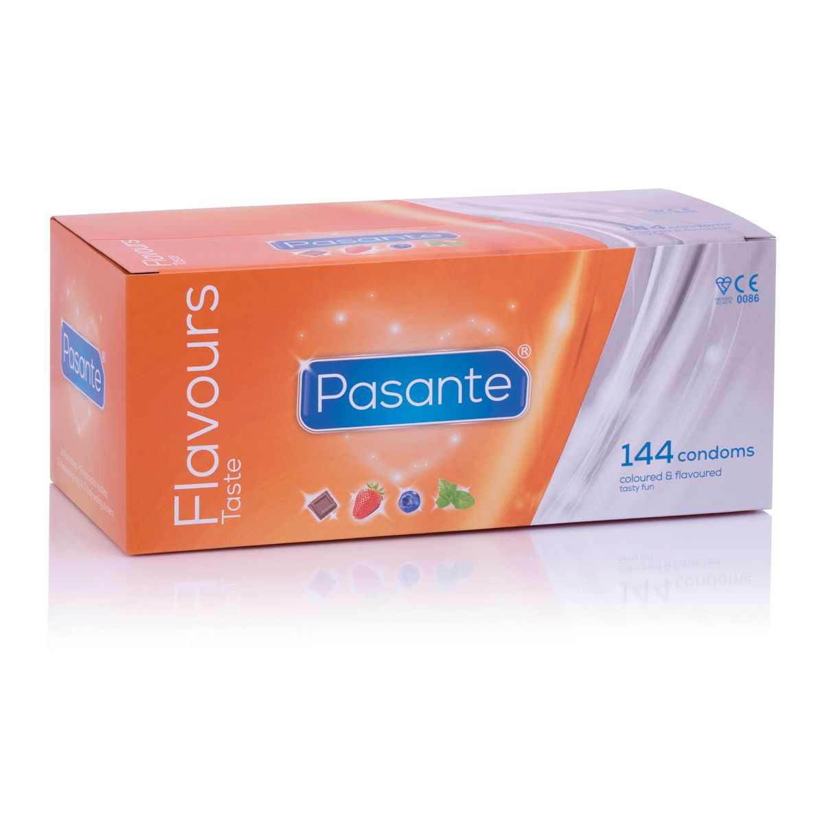 Pasante Flavours condoms 144 pack in orange bulk box
