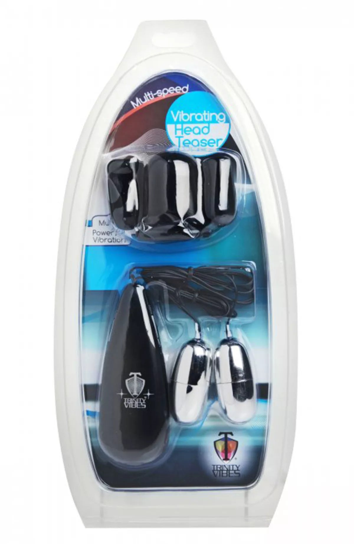 Vibrating head teaser packaging with visible branding on a white background