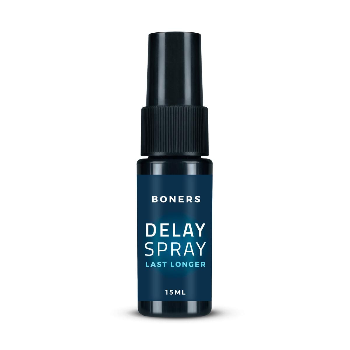 Boners delay spray bottle with dark blue packaging