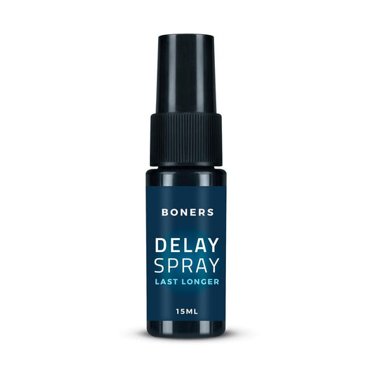 Boners delay spray bottle with dark blue packaging