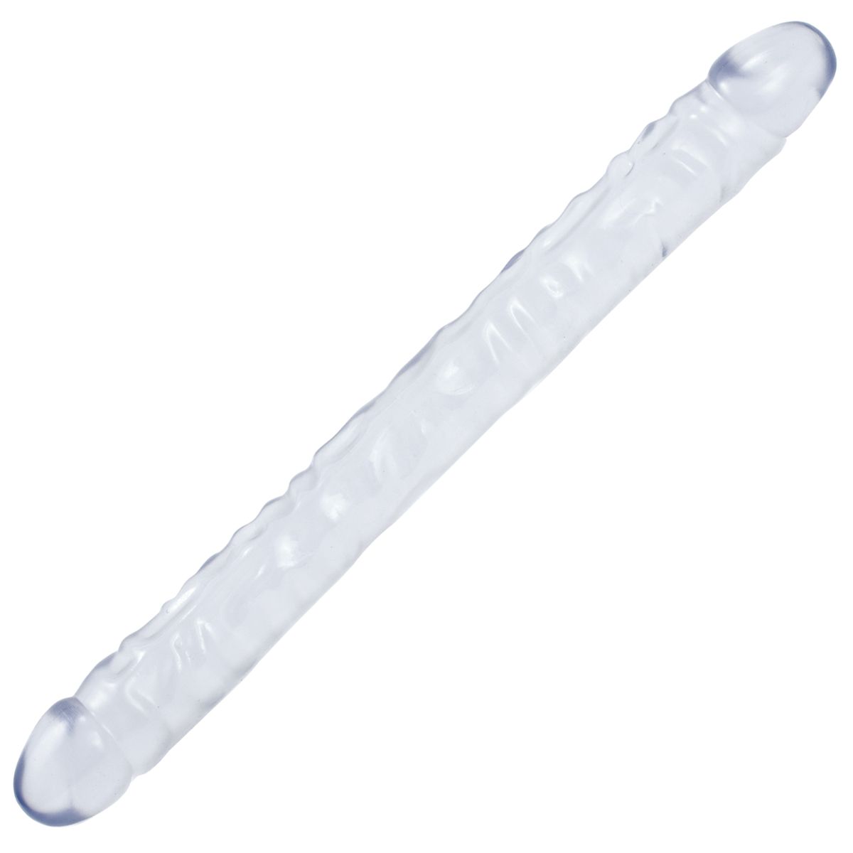 Clear double dong with ribbed texture and flexible shape
