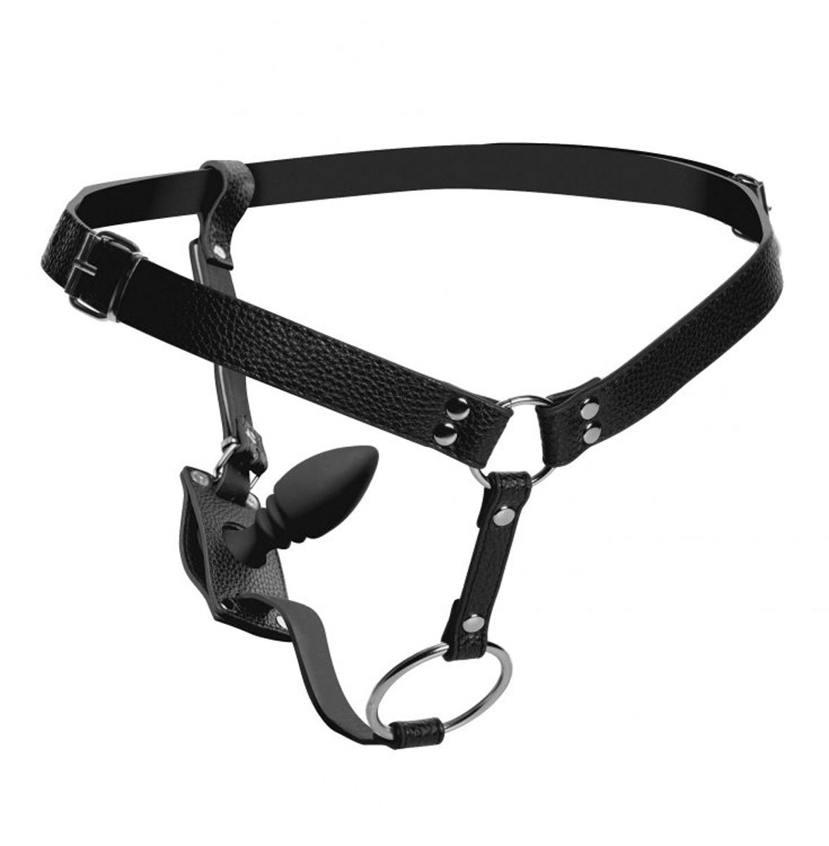 Black strap-on harness with ring and plug attachment