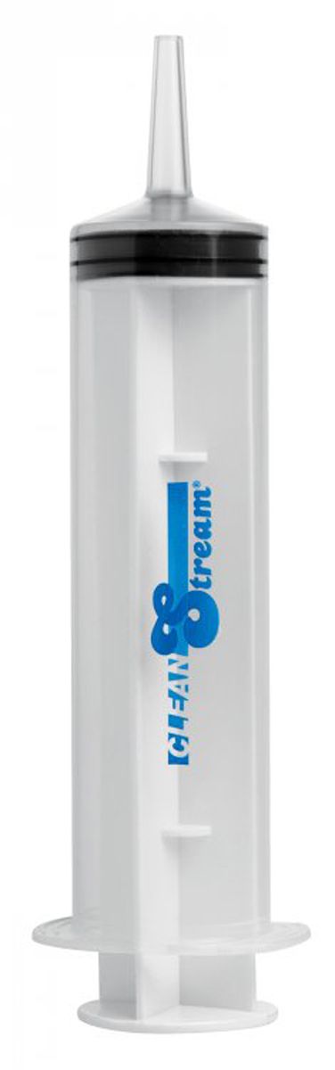 Clear 150ml enema syringe with white nozzle